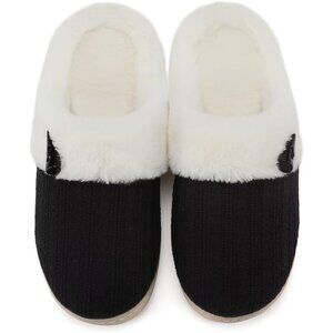 Women's Black Scuff Fuzzy Faux Fur Lining Memory Foam Warm Plush Slippers Shoes